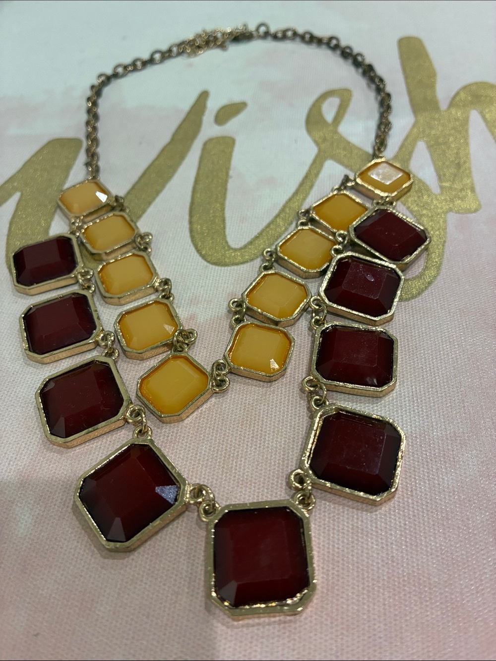 Gold-Tone Statement Necklace with Burgundy and Mustard Stones